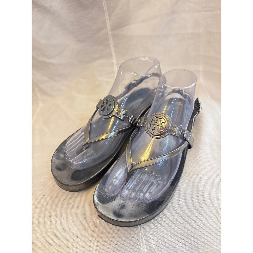 Tory Burch Miller Sandals Metallic Silver Pewter Leather Logo Thong Flats 8M